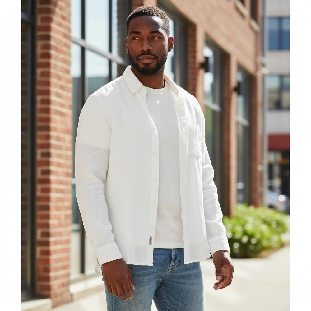 Madda Fella Linen Shirt Men's XL White Single Chest Pocket Long Sleeve Button Up